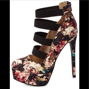 Qupid Black Floral Print Stiletto Platform Heels